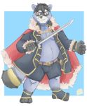  2019 anthro belly bottomwear clothing greenbeanyeen hi_res humanoid_hands male mammal melee_weapon overweight overweight_male procyonid raccoon shorts simple_background solo sword weapon 