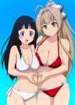  2girls amagi_brilliant_park antenna_hair asymmetrical_docking bangs bikini black_hair blue_background blunt_bangs breast_press breasts brown_eyes brown_hair chitanda_eru cleavage commentary_request company_connection crossover front-tie_top gradient gradient_background hair_intakes heart heart_hands height_difference highres hyouka kyoto_animation large_breasts long_hair looking_at_viewer multiple_girls ponytail purple_eyes red_bikini sento_isuzu side-tie_bikini smile swimsuit ueyama_michirou white_bikini 