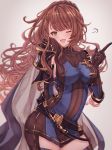  1girl ;d absurdres arm_behind_back armor armpit_cutout asymmetrical_bangs bangs beatrix_(granblue_fantasy) belt blue_dress blue_scrunchie blurry breasts brown_hair cape contrapposto depth_of_field doyagao dress elbow_pads eyebrows_visible_through_hair fang gauntlets granblue_fantasy highres index_finger_raised large_breasts long_hair one_eye_closed open_mouth pointing pointing_up ponytail rice_tea scrunchie shoulder_armor simple_background skin_tight smile smug solo spaulders standing swept_bangs tsurime turtleneck very_long_hair wavy_hair 