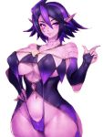 1girl bare_shoulders black_hair breasts bridal_gauntlets cameltoe covered_nipples curvy fumio_(rsqkr) hand_on_hip highres large_breasts lips looking_at_viewer multicolored_hair navel pointy_ears purple_eyes purple_hair simple_background smile solo tattoo thick_thighs thighs two-tone_hair white_background wide_hips 