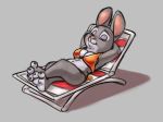  2019 anthro barefoot bikini bonnie_hopps bra breasts cleavage clothed clothing disney eyes_closed female fur grey_background grey_fur lagomorph leporid lying mammal mature_female on_back paws pink_nose rabbit simple_background siroc solo swimwear underwear zootopia 