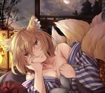  1girl animal_ear_fluff animal_ears arm_support bag bare_shoulders blush breasts bright_pupils brown_eyes cleavage closed_mouth cloud cloudy_sky collarbone commentary_request eyebrows_visible_through_hair eyes_visible_through_hair fox_ears fox_tail full_moon hair_between_eyes hand_on_own_cheek head_rest highres indoors japanese_clothes kimono large_breasts light light_brown_hair looking_at_viewer lying mahimaru moon multiple_tails night night_sky off_shoulder on_side seductive_smile short_hair sky slit_pupils smile solo tail touhou upper_body white_pupils wide_sleeves yakumo_ran 