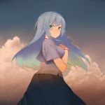  1girl ahoge bangs black_skirt blue_eyes blue_hair blue_sky blush breasts closed_mouth cloud cloudy_sky crying crying_with_eyes_open day eyebrows_visible_through_hair fhang gradient_hair green_hair grey_shirt hair_between_eyes hand_on_own_chest hand_up highres long_hair looking_at_viewer looking_to_the_side medium_breasts multicolored_hair nose_blush original outdoors shirt skirt sky smile solo tears very_long_hair 