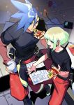  2boys blue_hair earrings eating food galo_thymos green_hair headphones jewelry lio_fotia male_focus mouse multiple_boys nigorokke open_mouth pants pizza promare purple_eyes shirt sitting spiked_hair t-shirt vinny_(promare) 