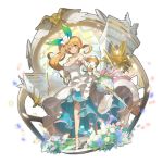  1girl armpits asymmetrical_hair bare_shoulders bouquet breasts bridal_gauntlets bridal_legwear bride cleavage cygames dragalia_lost dress elisanne eyebrows_visible_through_hair flower flowing_dress hair_flower hair_ornament hand_on_hip holding holding_sword holding_weapon large_breasts looking_at_viewer official_art petals pink_eyes ponytail rose solo stained_glass sword transparent_background weapon wedding_dress white_flower white_rose wing_decorations 
