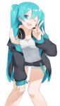  1girl ;d aqua_hair bangs bare_shoulders black_jacket black_shorts blue_eyes blush breasts eyebrows_visible_through_hair fhang fingernails hair_between_eyes hand_on_thigh hand_up hatsune_miku headphones headphones_around_neck jacket leaning_forward long_hair long_sleeves looking_at_viewer off_shoulder one_eye_closed open_clothes open_jacket open_mouth puffy_long_sleeves puffy_sleeves short_shorts shorts simple_background small_breasts smile solo standing tank_top twintails v very_long_hair vocaloid white_background white_tank_top 