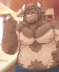  2019 anthro belly blush bottomwear bovid bovine brown_fur cattle clothing fur hi_res humanoid_hands kota&acute; male mammal moobs nipples overweight overweight_male pants solo 