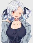  1girl alternate_costume aogisa bangs breasts cleavage collarbone girls_frontline grey_background hair_ribbon highres jacket large_breasts long_hair long_sleeves looking_at_viewer one_eye_closed open_clothes open_jacket open_mouth red_eyes ribbon silver_hair simple_background smile solo spas-12_(girls_frontline) 