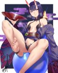  1girl absurdres barefoot blue_eyes bob_cut breasts closed_mouth cup eyebrows_visible_through_hair fang fate/grand_order fate_(series) feet highres horns huge_filesize japanese_clothes kisaragi_(legobionicle23) long_hair looking_at_viewer oni oni_horns purple_hair sakazuki shuten_douji_(fate/grand_order) signature small_breasts solo 