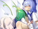  2girls bloomers blue_dress blue_eyes blue_hair blush bow cirno covering_mouth daiyousei dress dress_lift fairy_wings green_hair hair_bow ice ice_wings licking licking_stomach long_hair multiple_girls piyodesu puffy_short_sleeves puffy_sleeves ribbon saliva short_hair short_sleeves side_ponytail tongue touhou underwear wings yuri 