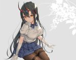  anthropomorphism azur_lane black_hair bow cropped elbow_gloves garter gloves horns ikomochi long_hair orange_eyes pantyhose seifuku skirt suzuya_(azur_lane) 