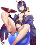  1girl absurdres barefoot blue_eyes bob_cut breasts closed_mouth cup eyebrows_visible_through_hair fang fate/grand_order fate_(series) feet highres horns japanese_clothes kisaragi_(legobionicle23) long_hair looking_at_viewer oni oni_horns purple_hair sakazuki shuten_douji_(fate/grand_order) signature simple_background small_breasts solo white_background 