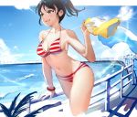  1girl :d bare_arms bare_shoulders bikini black_hair blue_sky blush breasts cleavage cloud collarbone day green_eyes groin hair_ornament hair_scrunchie halterneck harada_miyo holding idolmaster idolmaster_cinderella_girls large_breasts long_hair looking_away navel ocean open_mouth ponytail railing red_bikini scrunchie shirt shirt_removed sidelocks sky smile solo standing stomach striped striped_bikini sunlight swimsuit takeashiro thighs wristband yellow_shirt 