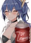  1girl aogisa bangs bikini bikini_top bikini_under_clothes black_bikini blue_hair blurry brand_name_imitation breasts can closed_eyes collarbone collared_shirt depth_of_field dr_pepper foreshortening girls_frontline giving highres holding holding_can k11_(girls_frontline) leather_choker long_hair long_sleeves medium_breasts messy_hair shirt side_ponytail sidelocks simple_background smile soda_can solo swimsuit swimsuit_under_clothes white_background white_shirt 