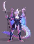  5_fingers anthro armor blue_eyes breasts butt_from_the_front claws cleavage clothed clothing collarbone dragon female front_view full-length_portrait grey_background hi_res holding_object holding_weapon looking_at_viewer membrane_(anatomy) membranous_wings portrait purple_scales purple_spots rube scales scalie shin_guards shoulder_guards simple_background solo spots standing toe_claws weapon white_scales white_spots wings 