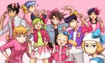  &gt;_&lt; 2girls 6+boys ?? absurdres annoyed bangs battle_tendency black_hair blonde_hair blue_bow blue_eyes blue_hair blush bow brown_hair butterfly_earrings collared_shirt diamond_wa_kudakenai double_bun flying_sweatdrops giorno_giovanna green_hair grey_eyes gummy_(puffaluficus) hair_bow happy hat higashikata_jousuke higashikata_jousuke_(jojolion) highres johnny_joestar jojo_no_kimyou_na_bouken jojo_siwa jojolion jonathan_joestar joseph_joestar_(young) kuujou_jolyne kuujou_joutarou looking_at_viewer messy_hair multicolored_hair multiple_boys multiple_girls open_mouth phantom_blood pink_background pink_bow pompadour ponytail real_life shirt simple_background skirt smile stardust_crusaders steel_ball_run stone_ocean two-tone_hair v vento_aureo yellow_bow 