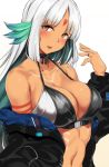  1girl azur_lane bikini bikini_under_clothes black_bikini blush breasts chestnut_mouth choker cleavage cowboy_shot dark_skin facial_mark feathers forehead_mark grey_hair hair_feathers highres jewelry large_breasts looking_at_viewer massachusetts_(azur_lane) navel off_shoulder open_mouth red_eyes ring sky solo strap_gap swimsuit white_background yuzu_lemon 