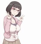  1girl blush breasts brown_eyes brown_hair brown_skirt cleavage closed_mouth collarbone double_v eyebrows glasses ina_(gokihoihoi) large_breasts long_sleeves original shirt short_hair simple_background skirt smile solo v white_background white_shirt 