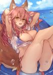  1girl animal_ear_fluff animal_ears bikini blue_bikini breasts cleavage collarbone commentary commentary_request fang fate/grand_order fate_(series) fox_ears fox_girl fox_tail highres innertube large_breasts long_hair looking_at_viewer ocean open_mouth pink_hair shirt side-tie_bikini solo sweat swimsuit tail tamamo_(fate)_(all) tamamo_no_mae_(swimsuit_lancer)_(fate) wet wet_clothes wet_shirt wet_t-shirt yellow_eyes yok01 