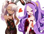  2girls animal_ears armband bangs bare_shoulders black_leotard blush bow bowtie breasts bunny_ears bunny_tail chloe_von_einzbern closed_mouth collarbone dark_skin detached_collar fang fate/grand_order fate/kaleid_liner_prisma_illya fate_(series) forehead hair_between_eyes hairband heart highres leotard long_hair looking_at_viewer multiple_girls open_mouth pantyhose parted_bangs pink_hair purple_eyes purple_hair red_leotard scrunchie shimejinameko side_ponytail simple_background small_breasts smile tail tan very_long_hair white_background wrist_cuffs wu_zetian_(fate/grand_order) yellow_eyes yellow_scrunchie 
