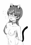  1girl animal_ears arms_behind_back bangs blush breasts ca_ba_ya_ki cat_ears cat_tail choker collarbone eyebrows_visible_through_hair greyscale hair_between_eyes kemonomimi_mode long_hair looking_at_viewer love_live! love_live!_school_idol_project monochrome navel nipples nude open_mouth simple_background small_breasts solo sonoda_umi standing sweat tail translation_request white_background 