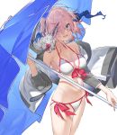  1girl ;d bangs bare_shoulders beach_umbrella bikini blue_umbrella blush breasts cleavage commentary_request cowboy_shot creature creature_on_shoulder eyebrows_visible_through_hair eyes_visible_through_hair fate/grand_order fate_(series) floating_hair fou_(fate/grand_order) front-tie_bikini front-tie_top grey_jacket groin hair_over_one_eye hayashi_kewi holding holding_umbrella hood hood_down hooded_jacket jacket large_breasts lavender_hair long_sleeves looking_at_viewer mash_kyrielight medium_breasts navel off_shoulder on_shoulder one_eye_closed open_clothes open_jacket open_mouth pink_hair purple_eyes short_hair side-tie_bikini simple_background smile standing stomach swimsuit swimsuit_of_perpetual_summer thighs umbrella white_background white_bikini white_jacket white_swimsuit 