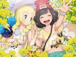  2girls bag beanie black_hair blonde_hair braid closed_eyes closed_mouth cosmog cutiefly dress field flower flower_field gen_7_pokemon green_eyes handbag hat holding_hands lillie_(pokemon) long_hair lying mizuki_(pokemon) multiple_girls navel on_back open_mouth outstretched_arm petals pokemoa pokemon pokemon_(creature) pokemon_(game) pokemon_sm red_headwear ribombee rowlet shirt short_hair short_sleeves sleeveless sleeveless_dress smile sun_hat tied_shirt twin_braids white_dress white_headwear z-ring 