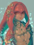  1girl bellhenge fins fish_girl hair_ornament jewelry long_hair looking_at_viewer mipha monster_girl multicolored multicolored_skin no_eyebrows red_hair red_skin simple_background smile solo the_legend_of_zelda the_legend_of_zelda:_breath_of_the_wild yellow_eyes zora 