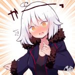  /\/\/\ 1girl @_@ ahoge bangs beni_shake black_dress blue_jacket blush breasts commentary_request dress emphasis_lines eyebrows_visible_through_hair fate/grand_order fate_(series) fur-trimmed_jacket fur-trimmed_sleeves fur_trim hair_between_eyes jacket jeanne_d&#039;arc_(alter)_(fate) jeanne_d&#039;arc_(fate)_(all) medium_breasts nose_blush open_clothes open_jacket orange_eyes signature solo sweat translation_request upper_body white_hair wicked_dragon_witch_ver._shinjuku_1999 