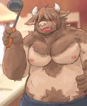 2019 anthro belly blush bovid bovine brown_fur cattle fur hi_res humanoid_hands kota&acute; male mammal moobs nipples overweight overweight_male solo 