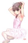  1girl absurdres adjusting_hair aoi_kumiko armpits arms_behind_head arms_up ballerina ballet_slippers bangs bare_shoulders blush breasts brown_eyes brown_hair collarbone commentary_request covered_nipples hair_ornament hair_tie hair_tie_in_mouth highres jewelry leotard long_hair looking_at_viewer mouth_hold original pantyhose pink_leotard ponytail see-through simple_background sitting skirt slippers small_breasts smile solo spaghetti_strap tiara tutu tying_hair white_background white_legwear yokozuwari 