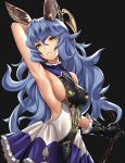  1girl animal_ears armpits backless_outfit bare_back belt black_gloves blue_hair blue_skirt breasts brown_eyes brown_gloves bunny_ears earrings erune ferry_(granblue_fantasy) gloves granblue_fantasy highres hoop_earrings jewelry long_hair looking_at_viewer loose_belt sideboob simple_background single_earring skirt small_breasts solo takanashi-a wavy_hair whip yellow_eyes 