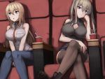  2girls alternate_costume bare_shoulders bismarck_(kantai_collection) blonde_hair blue_eyes blue_pants boots breasts brown_footwear brown_legwear brown_shirt chair cleavage_cutout cup disposable_cup drinking_straw ghound graf_zeppelin_(kantai_collection) grey_eyes hair_between_eyes highres kantai_collection large_breasts long_hair multiple_girls pants shirt sidelocks sitting sleeveless sleeveless_shirt thighhighs twintails white_shirt 