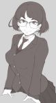  1girl breasts buttons cardigan closed_mouth collared_shirt eyebrows glasses grey_background ina_(gokihoihoi) long_sleeves looking_at_viewer medium_breasts monochrome necktie original school_uniform shirt short_hair simple_background sketch skirt smile solo 