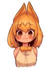  1girl :3 absurdres animal_ears blonde_hair blush bow bowtie breasts brown_eyes cropped_torso extra_ears eyebrows_visible_through_hair eyes_visible_through_hair highres kemono_friends looking_at_viewer medium_hair more_e_4km portrait serval_(kemono_friends) serval_ears shirt simple_background sleeveless sleeveless_shirt smile solo white_background white_shirt yellow_bow yellow_neckwear 