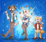  aggressive_retsuko ailurid anai_(aggretsuko) anthro badger clothed clothing echosillustrations female haida happy hyaenid japanese_badger mammal meles mustelid musteline red_panda retsuko sanrio smile spotted_hyena 