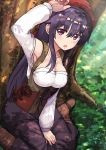  1girl absurdres breasts brown_footwear cleavage commentary_request highres large_breasts long_hair looking_at_viewer okitsugu open_mouth original purple_eyes purple_hair purple_skirt red_headwear sitting skirt solo tree wariza 