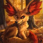  1:1 2019 amber_eyes ambiguous_gender canid canine fennekin feral forest fur inner_ear_fluff kenket mammal nintendo outside pok&eacute;mon pok&eacute;mon_(species) red_fur smile solo tree video_games yellow_fur 