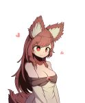  1girl absurdres animal_ear_fluff animal_ears bangs bare_shoulders blush_stickers breasts brooch brown_hair cleavage commentary dress eyebrows_visible_through_hair heart hh highres imaizumi_kagerou jewelry long_hair long_sleeves looking_at_viewer medium_breasts off-shoulder_dress off_shoulder red_eyes simple_background smile solo tail touhou upper_body white_background white_dress wolf_ears wolf_tail 