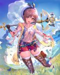  1girl atelier_(series) atelier_ryza belt beret blue_belt breasts brown_eyes brown_hair cleavage cloud cloudy_sky drawstring field gloves grass hair_ornament hairclip hat highres holding holding_staff jewelry looking_at_viewer medium_breasts necklace ogimotozukin open_clothes open_mouth red_shorts reisalin_stout round-bottom_flask shirt short_shorts shorts skindentation sky smile solo staff standing star star_necklace thigh_pouch thighhighs thighs vial 