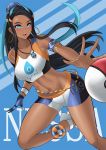  1girl aori_sora arm_strap armpits bare_shoulders beads bike_shorts blue_background blue_eyes blue_hair breast_hold breasts cameltoe close-up commentary cropped_legs dark_skin earrings gloves hoop_earrings jewelry medium_breasts midriff navel necklace open_mouth poke_ball pokemon pokemon_(game) pokemon_swsh rurina_(pokemon) short_shorts shorts simple_background solo_focus stomach two-tone_background wristband 