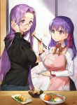  2girls apron breasts chopsticks commentary_request emiya-san_chi_no_kyou_no_gohan fate/stay_night fate_(series) food glasses hair_ribbon homurahara_academy_uniform large_breasts long_hair matou_sakura multiple_girls pink_apron plate purple_eyes purple_hair ribbon rider school_uniform sweater turtleneck turtleneck_sweater whoisshe 