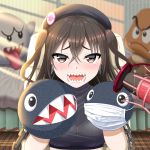  1girl boo brown_eyes brown_hair chain chain_chomp goomba hand_puppet hat highres idolmaster idolmaster_cinderella_girls mario_(series) masun33333 open_mouth puppet ribbed_sweater sharp_teeth solo sunazuka_akira surgical_mask sweater teeth 