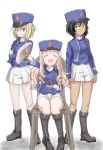  3girls andou_(girls_und_panzer) bc_freedom_(emblem) bc_freedom_military_uniform black_footwear black_hair blonde_hair blue_eyes blue_headwear blue_jacket blue_vest boots brown_eyes closed_eyes dark_skin drill_hair emblem fan folding_fan full_body girls_und_panzer hat highres holding holding_fan jacket knee_boots long_hair long_sleeves marie_(girls_und_panzer) medium_hair messy_hair military_hat multiple_girls munisuke_(zrkt7883) open_mouth oshida_(girls_und_panzer) pleated_skirt shako_cap simple_background sitting skirt vest white_background white_skirt 