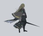  1girl asuteroid blonde_hair cape clothing_request cornea_(asuteroid) from_side holding holding_sword holding_weapon long_hair neon_trim original simple_background solo standing sword weapon 