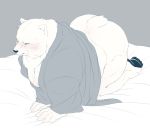  00makumakuma00 2019 anthro bed black_nose blush butt clothing crushfang_(sdorica_sunset) hi_res male mammal overweight overweight_male polar scar sdorica_sunset shirt solo topwear ursid 