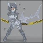  1:1 2019 anthro bad_trigger_discipline breasts clothed clothing detailed_background digital_media_(artwork) eyewear female fin fish foxmode goggles grey_hair gun hair handgun hi_res holding_object holding_weapon looking_at_viewer marine non-mammal_breasts pistol ranged_weapon shark simple_background smile solo weapon 