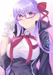  1girl :3 adjusting_eyewear akapug621 bb_(fate)_(all) bb_(fate/extra_ccc) bespectacled black_jacket blush breasts commentary_request fate/grand_order fate_(series) glasses gloves hair_ribbon huge_breasts jacket long_hair looking_at_viewer purple_eyes purple_hair red-framed_eyewear red_ribbon ribbon semi-rimless_eyewear solo sparkle under-rim_eyewear white_gloves 