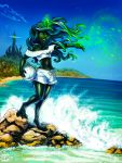  2019 5_fingers anthro blue_hair changeling clothed clothing day detailed_background digital_media_(artwork) female green_eyes hair hi_res karol_pawlinski midriff my_little_pony navel outside sky smile solo standing stanidng water 
