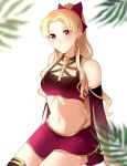  1girl absurdres alternate_costume alternate_hairstyle bikini bikini_skirt blonde_hair blush breasts earrings ereshkigal_(fate/grand_order) fate/grand_order fate_(series) head_tilt highres hoop_earrings jewelry kawasakigrace leaf light_smile long_hair looking_at_viewer midriff navel ponytail red_bikini red_eyes single_thighhigh sitting skull small_breasts solo spine swimsuit thighhighs 